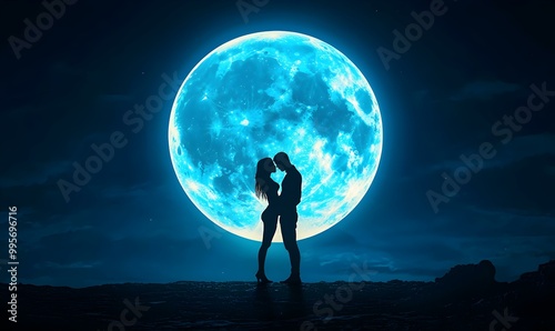 Lovers Embraced by Moonlight, a tender silhouette of two figures sharing an intimate moment under a luminous full moon's glow.