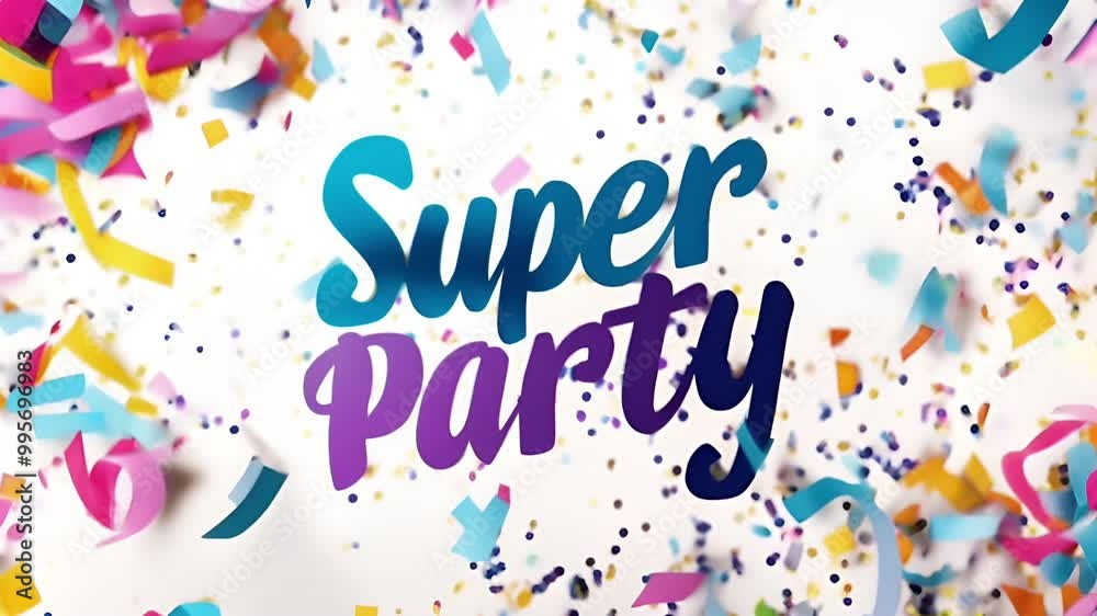 Super Party written in big bold letters with confetti falling in the background Super Party written in big bold letters with confetti falling in the background