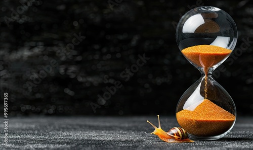 Snail hourglass, slow time concept. metaphor. snail, time, money, transience, background, empty space