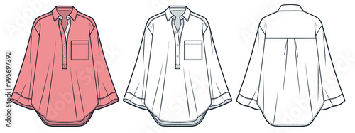Half Button Shirt technical fashion Illustration. Collar Shirt fashion flat technical drawing template, pocket, bell sleeve, front and back view, white, pink, women, men, unisex CAD mockup set.