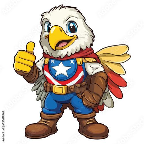 Cartoon illustration of an eagle wearing a superhero outfit, with American flag colors on its costume and showing a thumbs-up gesture