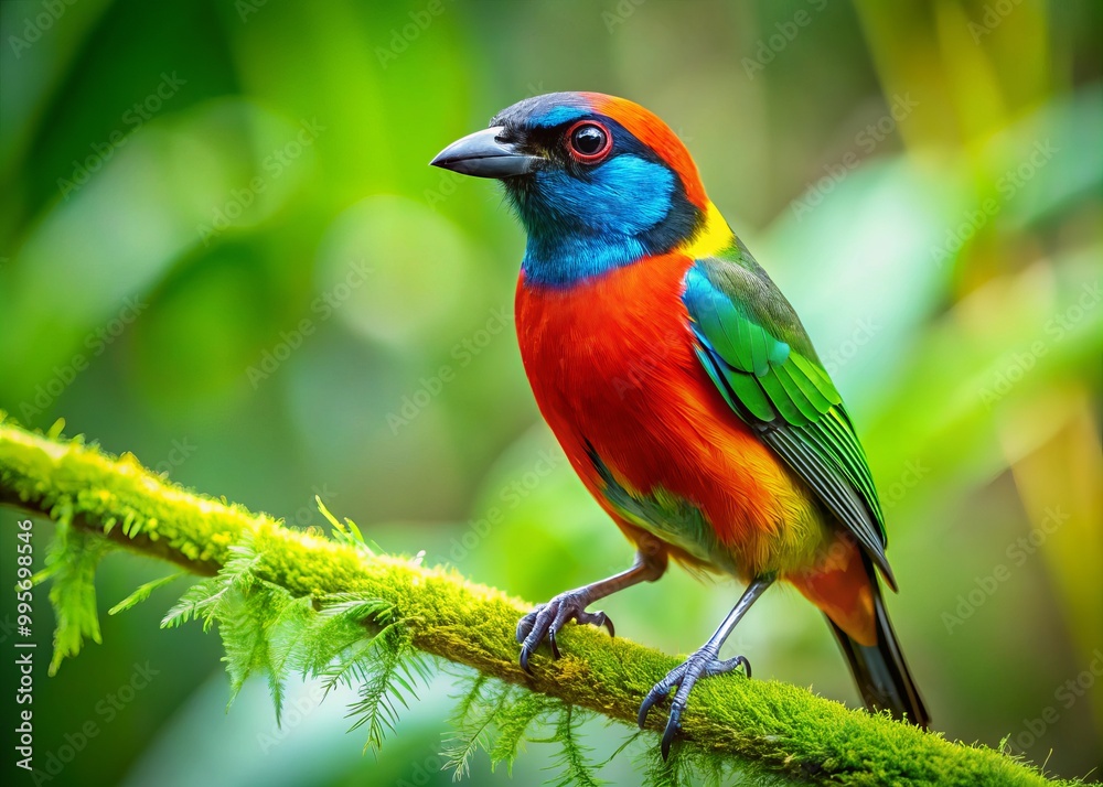 In a lush environment, a striking Platycercus Eximius bird perches gracefully on a branch, framed by rich green In a lush environment, a striking Platycercus Eximius bird perches gracefully on a branch, framed by rich green