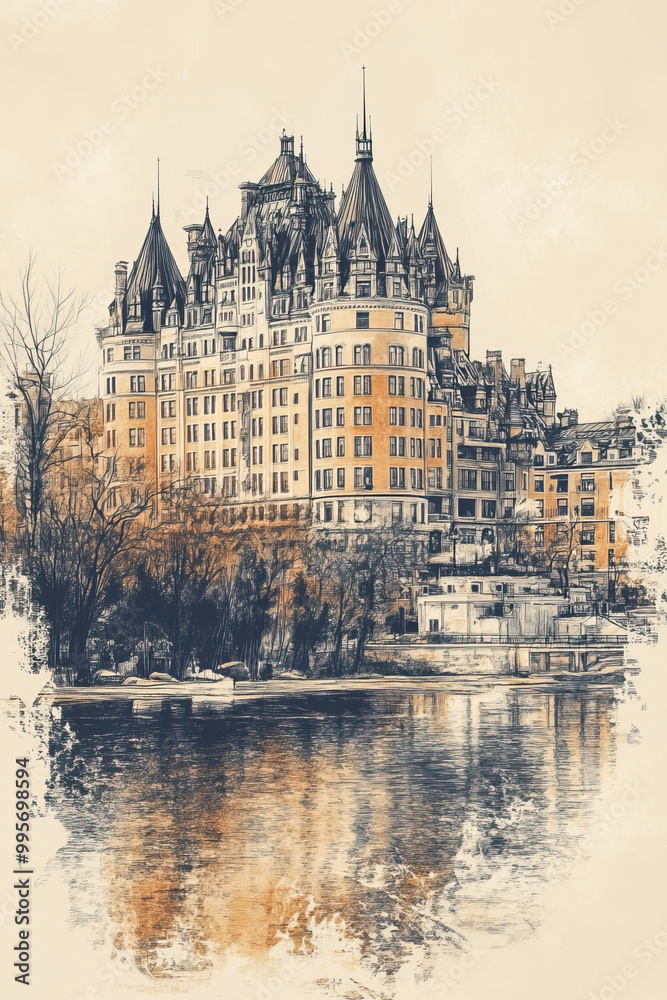 Obraz premium Gatineau, Canada, color pen pencil hand-drawn effect drawing illustration for travel poster, card, wallpaper, backdrop or banner. Modern, clear, artistic and simple