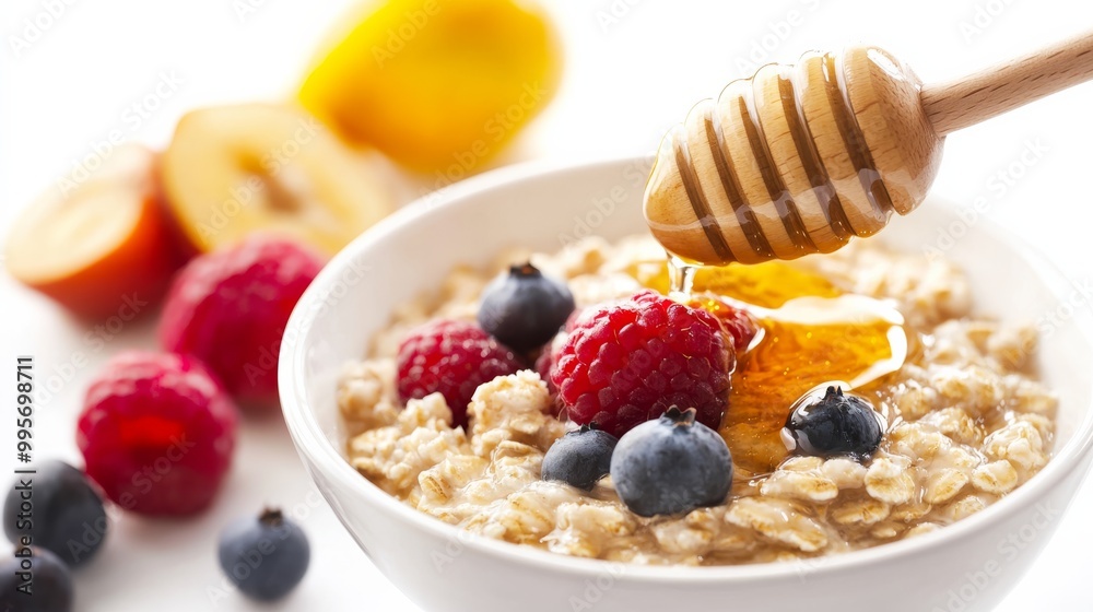 A delicious bowl of oatmeal topped with fresh berries and honey, showcasing a healthy breakfast option. A delicious bowl of oatmeal topped with fresh berries and honey, showcasing a healthy breakfast option.