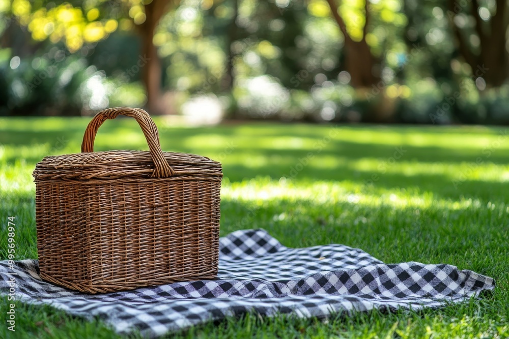 A Picnic Basket Resting on a Checkered Blanket in a Sunny Park Surrounded by Lush Greenery A Picnic Basket Resting on a Checkered Blanket in a Sunny Park Surrounded by Lush Greenery