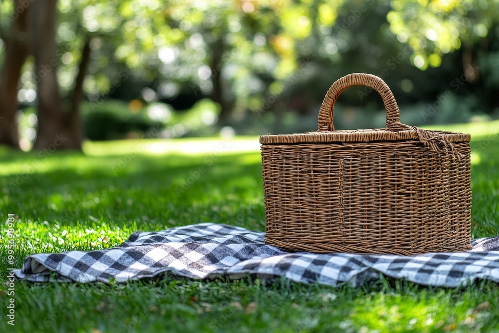 A Picnic Basket Placed on a Checkered Blanket in a Sunny Park Surrounded by Lush Greenery A Picnic Basket Placed on a Checkered Blanket in a Sunny Park Surrounded by Lush Greenery