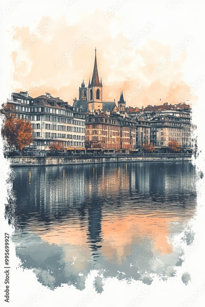 Fototapeta premium Geneva, color pen pencil hand-drawn effect drawing illustration for travel poster, card, wallpaper, backdrop or banner. Modern, clear, artistic and simple