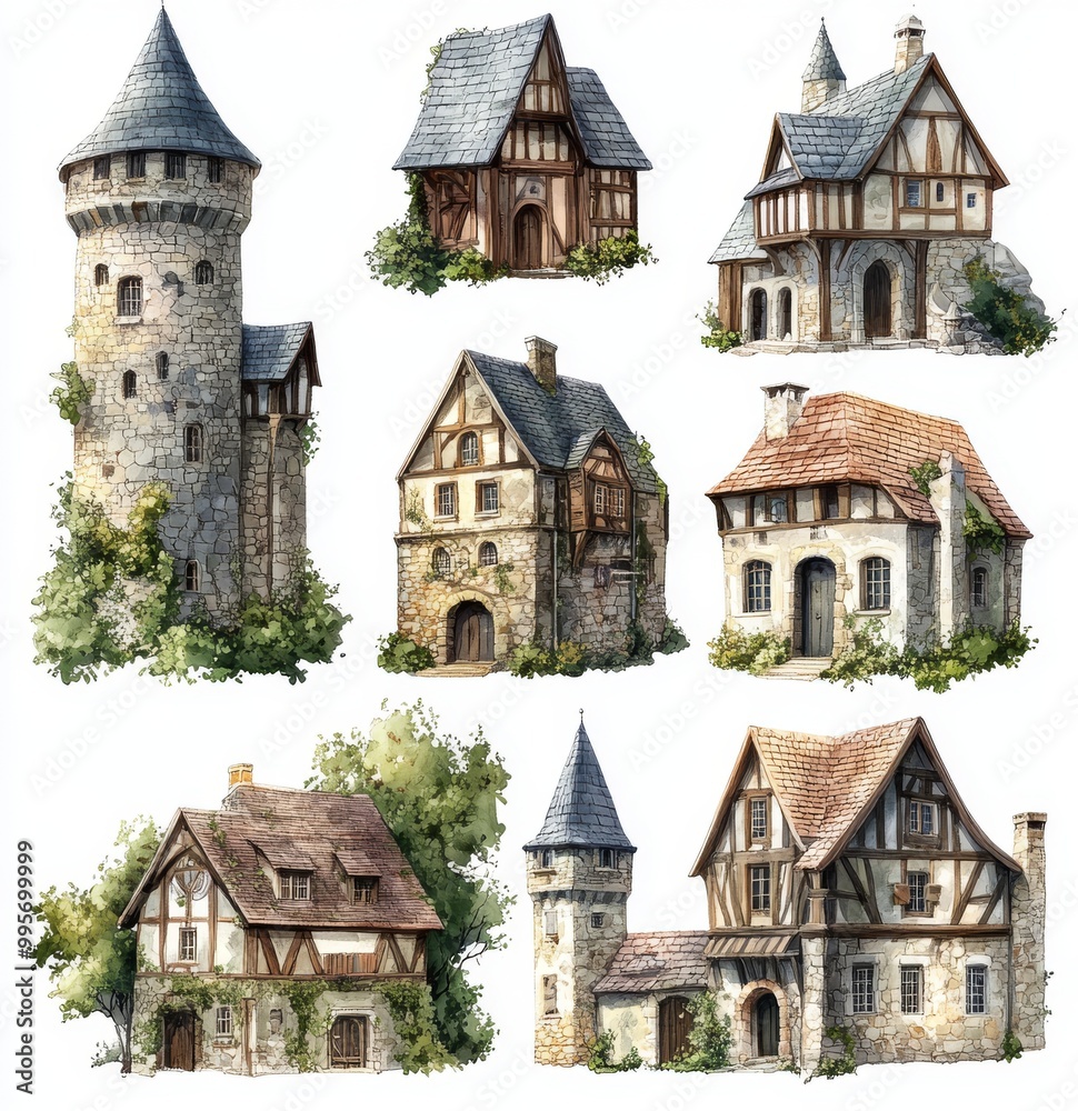 Charming Medieval Architecture Showcasing Various Styles of Quaint Homes and Towers in a Scenic Layout
