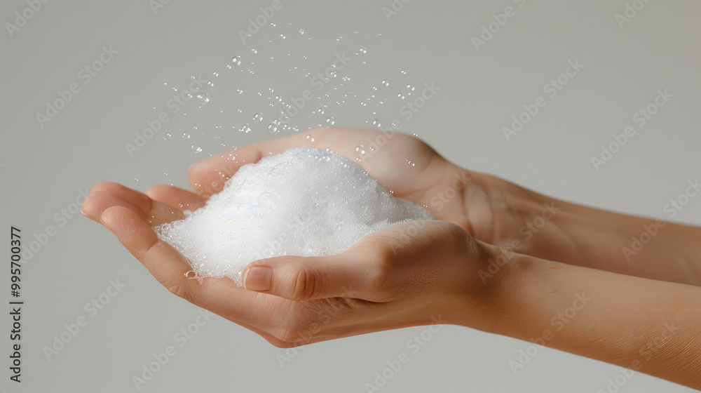 close-up of woman's hand holding foam soap viewed from the side on a white background close-up of woman's hand holding foam soap viewed from the side on a white background