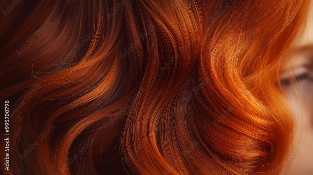 A close-up view of vibrant, wavy, reddish-orange hair that cascades down, partially covering a person's face. The hair's texture is smooth, with individual strands beautifully highlighted A close-up view of vibrant, wavy, reddish-orange hair that cascades down, partially covering a person's face. The hair's texture is smooth, with individual strands beautifully highlighted