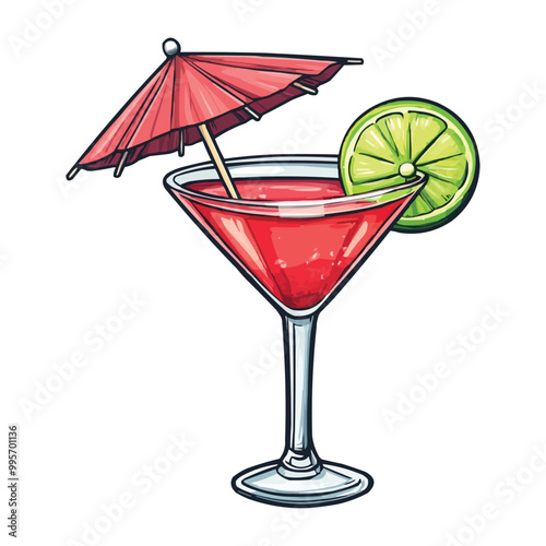 a simple vector graphic of a tropical cocktail in a glass with an umbrella and a lime
