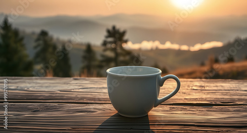 A professionally executed close-up HDR photograph of a ceramic coffee cup with a delicately rounded rim, faintly covered in morning dew. The cup sits neatly on a rustic, distressed wooden table, set a