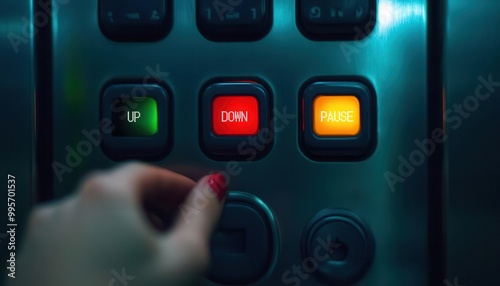 Symbolizing of decision with close-up of elevator control panel featuring buttons for up and down