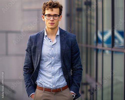 Confident Young Businessman in Smart Casual Attire Standing Outdoors by Modern Office Building