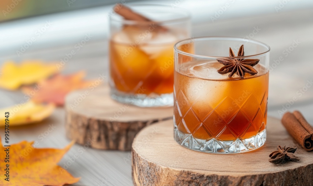 Autumn-inspired Cocktails With Spices and Ice Served on Wooden Coasters Surrounded by Fallen Leaves
