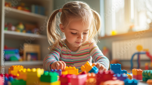 A young girl with blonde hair tied in pigtails, wearing a colorful striped shirt. She is engrossed in playing with vibrant building blocks, which are spread out in front of her.