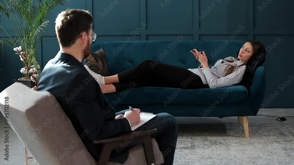 Young woman visiting male psychologist lying on the comfortable couch during psychological session in the luxury blue office interior.