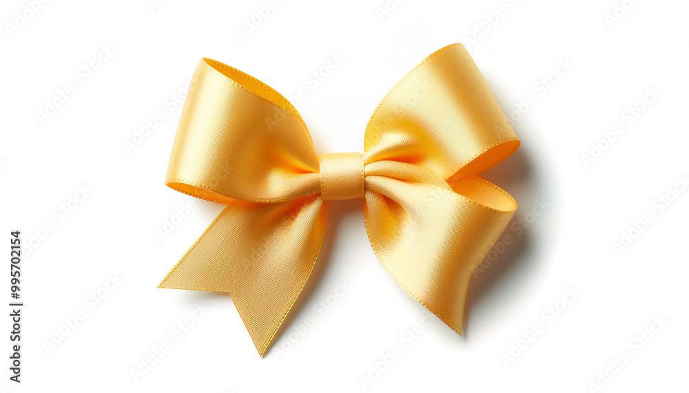 One yellow satin bow isolated on white, top view One yellow satin bow isolated on white, top view