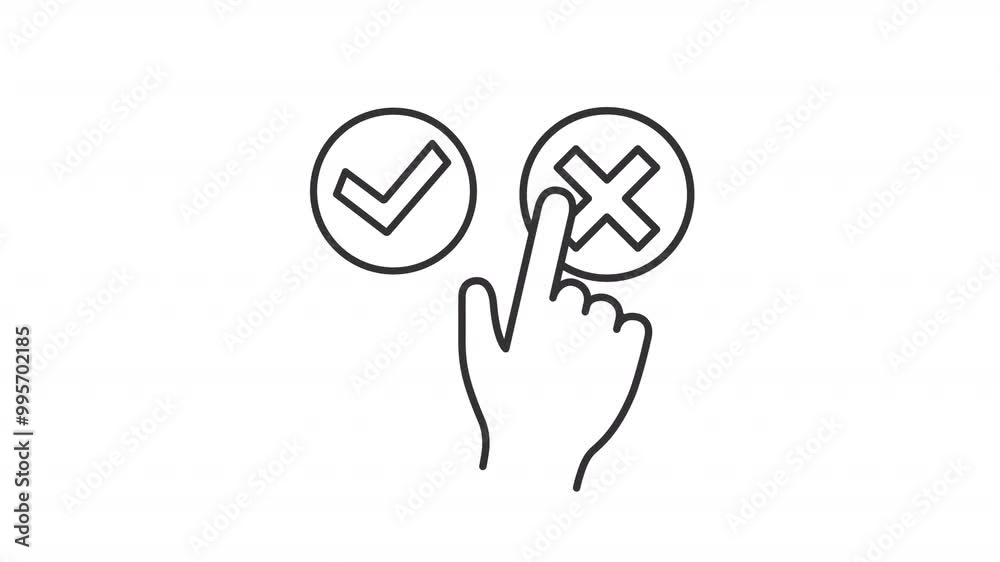 Yes and no buttons line animation. Two choices animated icon. Moving hand, scaling. Completion mark, cross. Black illustration on white background. HD video with alpha channel. Motion graphic Yes and no buttons line animation. Two choices animated icon. Moving hand, scaling. Completion mark, cross. Black illustration on white background. HD video with alpha channel. Motion graphic