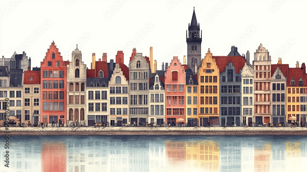 Obraz premium Ghent, Belgium, color pen pencil hand-drawn effect drawing illustration for travel poster, card, wallpaper, backdrop or banner. Modern, clear, artistic and simple