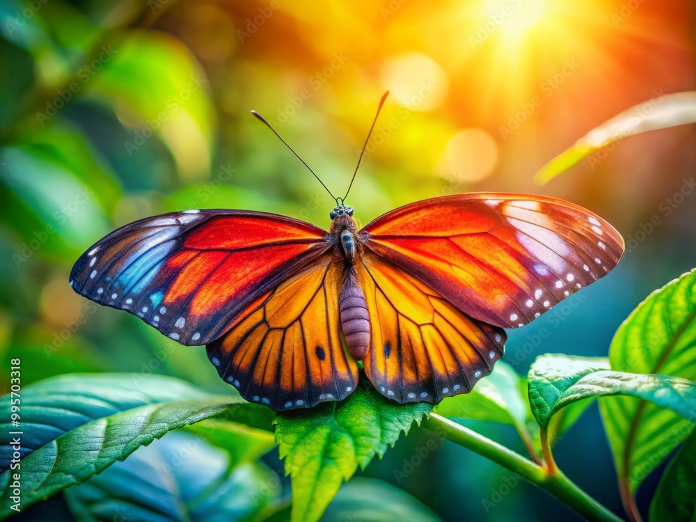 In a sunlit garden, a fragile, gossamer-winged butterfly gracefully perches on a lush green leaf, embodying the serene In a sunlit garden, a fragile, gossamer-winged butterfly gracefully perches on a lush green leaf, embodying the serene
