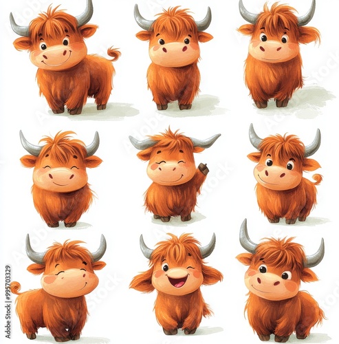 Cute Cartoon Highland Cows With Various Expressions and Poses on a White Background