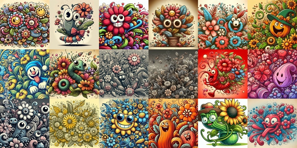 Cartoon style art flowers drawing. AI generated illustration