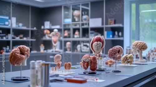 A table full of anatomical models, including a brain, a heart, and a skeleton. The scene is set in a laboratory, with various tools and equipment scattered around the table. Scene is one of curiosity photo