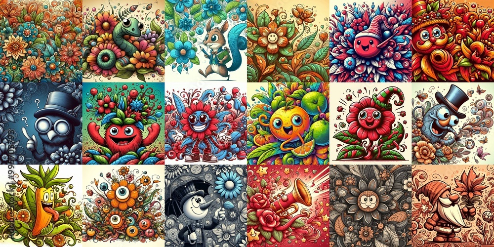 Cartoon style art flowers drawing. AI generated illustration