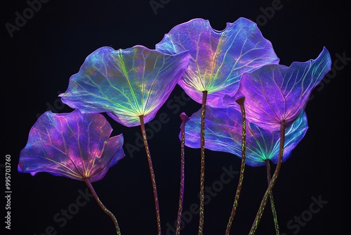 Purple lotus leaves, bioluminescence, glow in the dark, ethereal style, Chinese water lilies ,luminous blue and green, surrealistic.