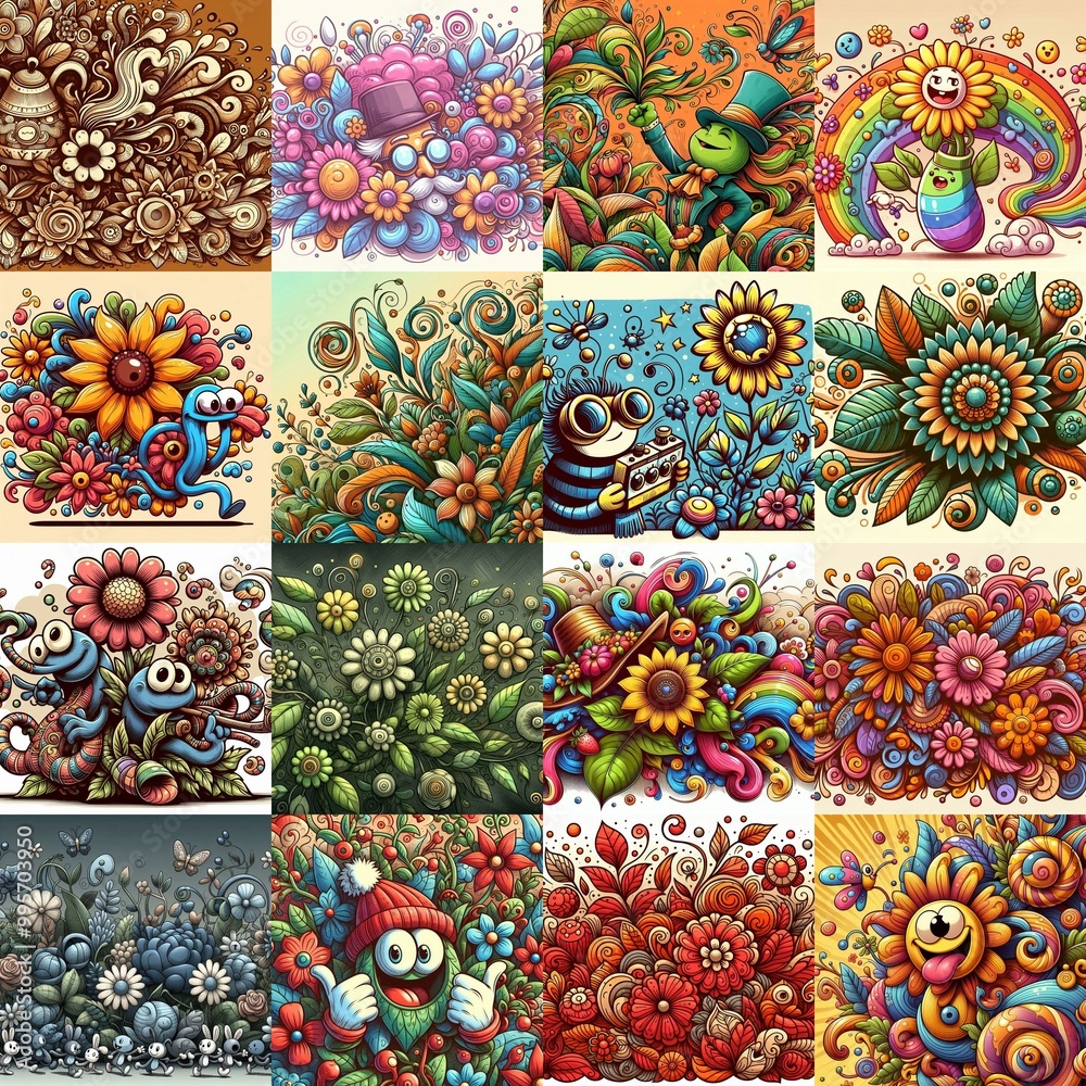 Cartoon style art flowers drawing. AI generated illustration