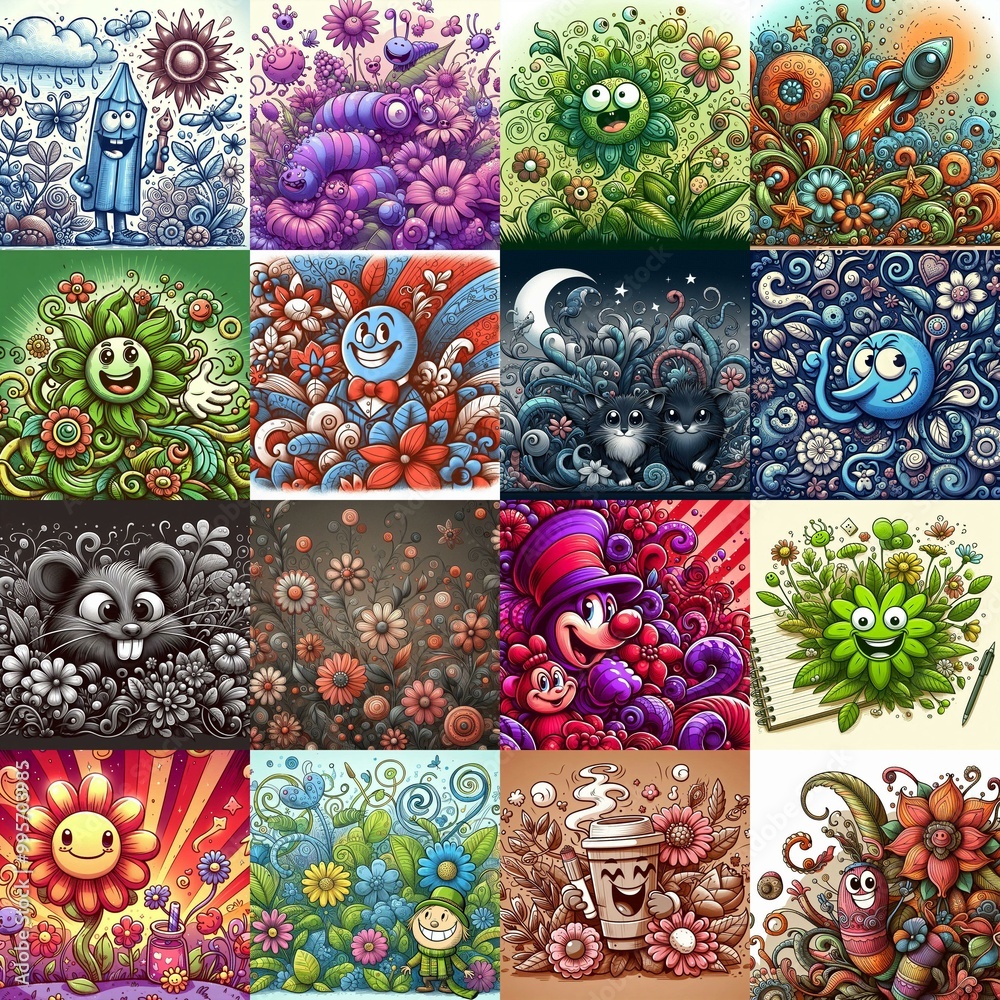 Cartoon style art flowers drawing. AI generated illustration