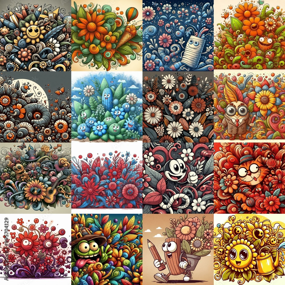 Cartoon style art flowers drawing. AI generated illustration