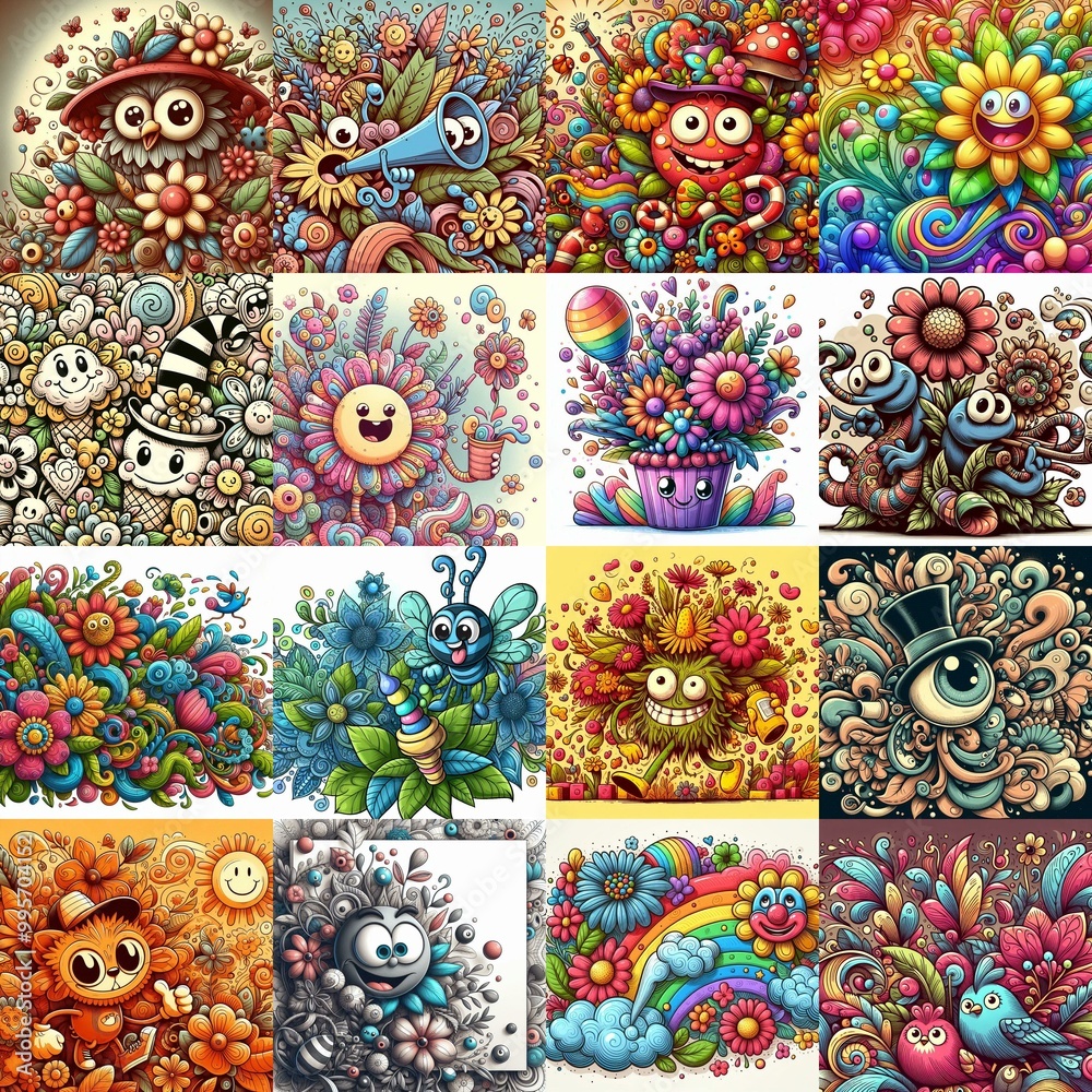 Cartoon style art flowers drawing. AI generated illustration
