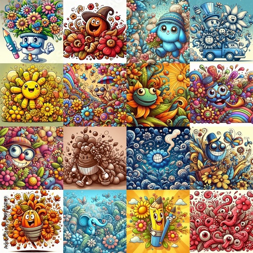 Obraz na płótnie Cartoon style art flowers drawing. AI generated illustration w salonie