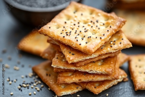 Golden, Crispy Crackers Topped With Seeds Arranged on a Black Slate Surface