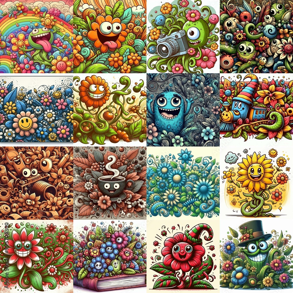 Cartoon style art flowers drawing. AI generated illustration