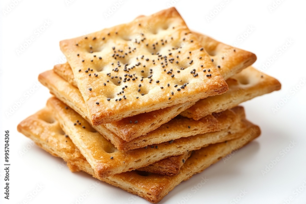 Savory Crackers Stacked on a White Surface, Showcasing a Golden-Brown Texture and Poppy Seeds Savory Crackers Stacked on a White Surface, Showcasing a Golden-Brown Texture and Poppy Seeds