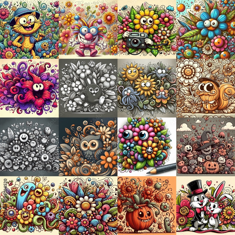 Cartoon style art flowers drawing. AI generated illustration