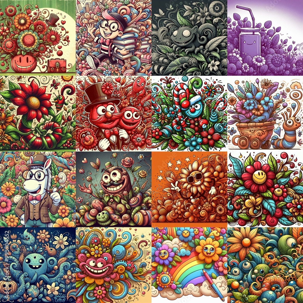 Cartoon style art flowers drawing. AI generated illustration