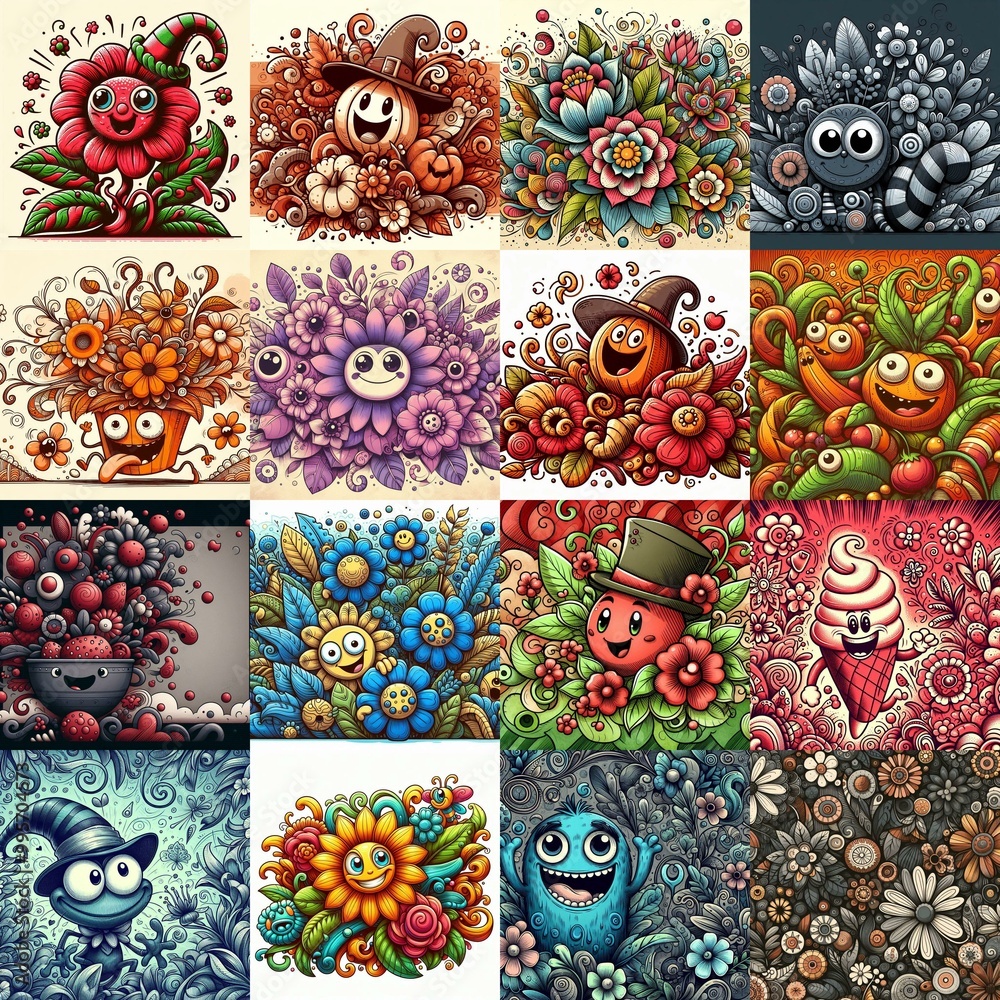 Cartoon style art flowers drawing. AI generated illustration