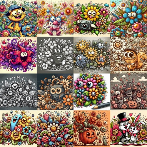 Obraz na płótnie Cartoon style art flowers drawing. AI generated illustration w salonie