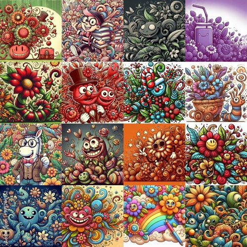 Obraz na płótnie Cartoon style art flowers drawing. AI generated illustration w salonie