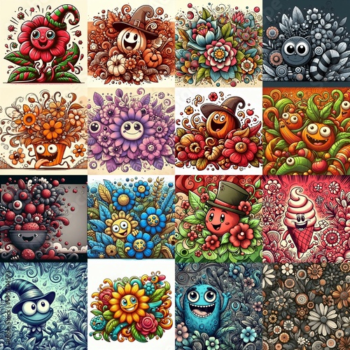 Obraz na płótnie Cartoon style art flowers drawing. AI generated illustration w salonie
