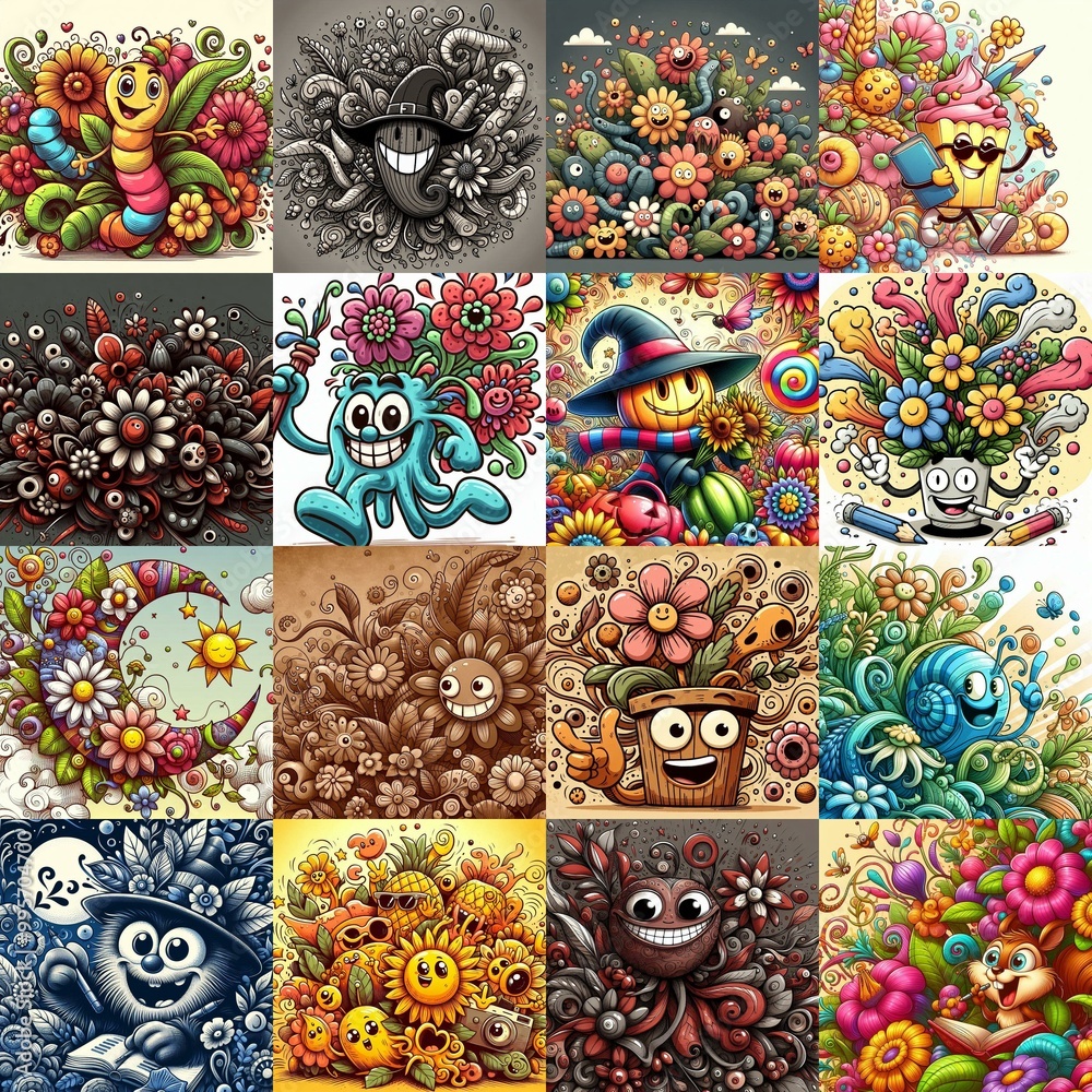 Cartoon style art flowers drawing. AI generated illustration
