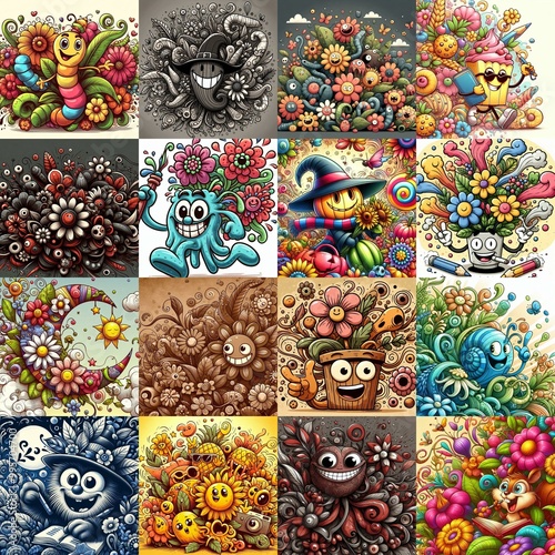 Obraz na płótnie Cartoon style art flowers drawing. AI generated illustration w salonie