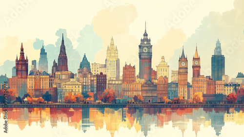 Glasgow, United Kingdom, color pen pencil hand-drawn effect drawing illustration for travel poster, card, wallpaper, backdrop or banner. Modern, clear, artistic and simple