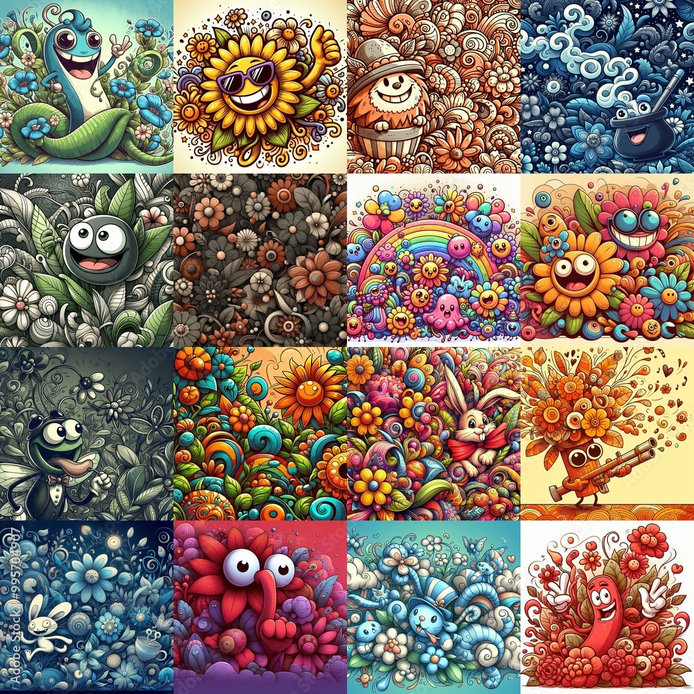 Cartoon style art flowers drawing. AI generated illustration