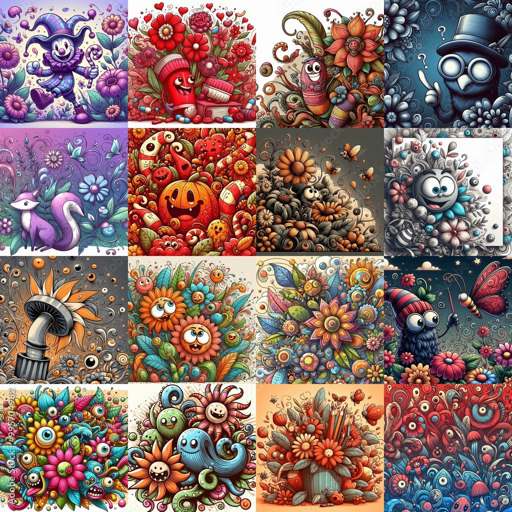 Cartoon style art flowers drawing. AI generated illustration
