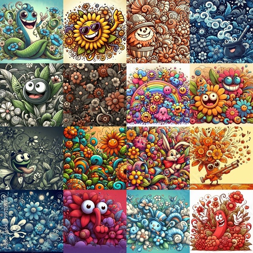 Obraz na płótnie Cartoon style art flowers drawing. AI generated illustration w salonie